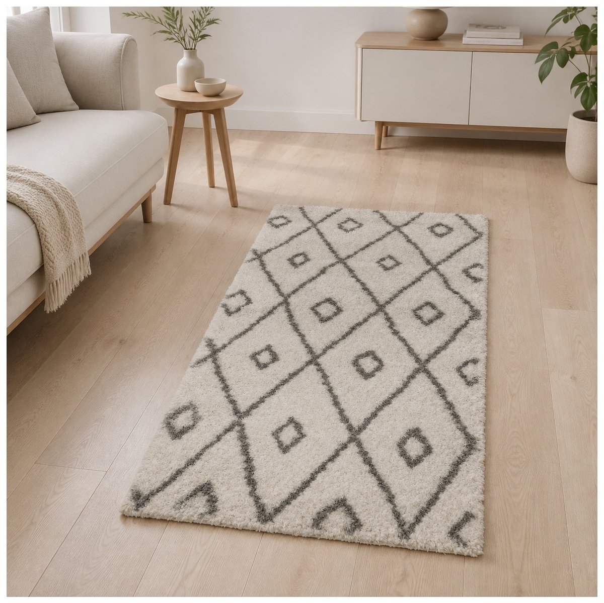 La Sheba Shaggy Wasbaar Vloerkleed – Gebroken Wit/Grijs – Geometrisch Ruitpatroon – 80 x 150 cm
