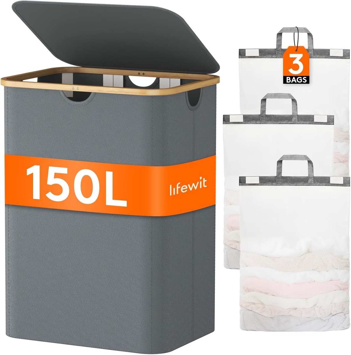 Grote Vouwbare Bamboe Wasmand met Deksel en Verwijderbare Tassen, Ideaal voor Slaapkamer, Badkamer en Wasruimte, 3 Compartimenten, 150L, Lichtgrijs, Ruimtebesparend en Duurzaam
