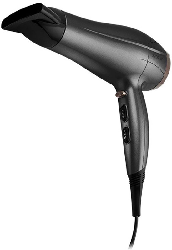 Donkergrijze LAFE haardroger met zwarte accenten, 2200W, met diffuser en smalle mondstuk.