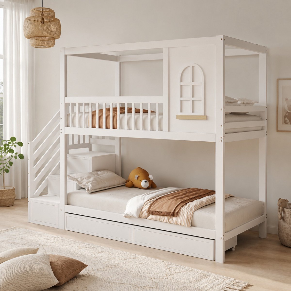 COVREO Stapelbed met huisvorm – 90x200 cm – Kinderbed met trap en veiligheidshek – met opberglades – Wit - zonder matras