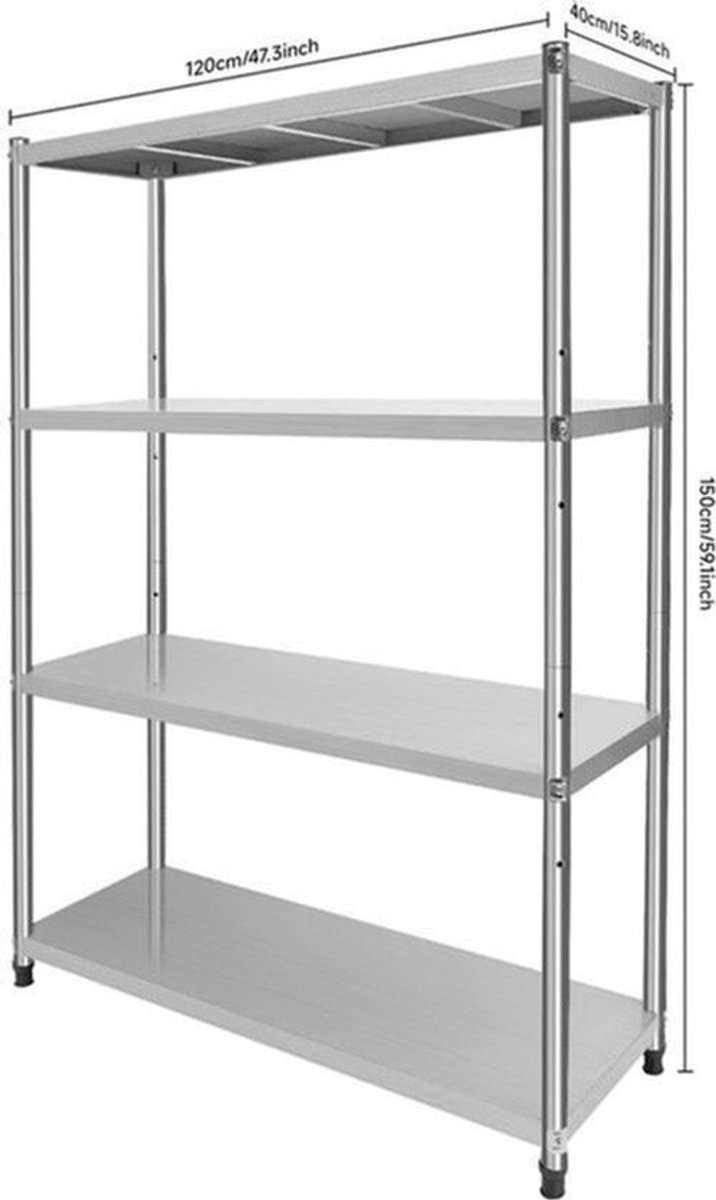 Stalenschap – Opbergrek – Rek – Wandrek – Stelling – 4-Laags Roestvrijstaal – Verstelbare Plankhoogte – 50 KG Draagkracht per Plank