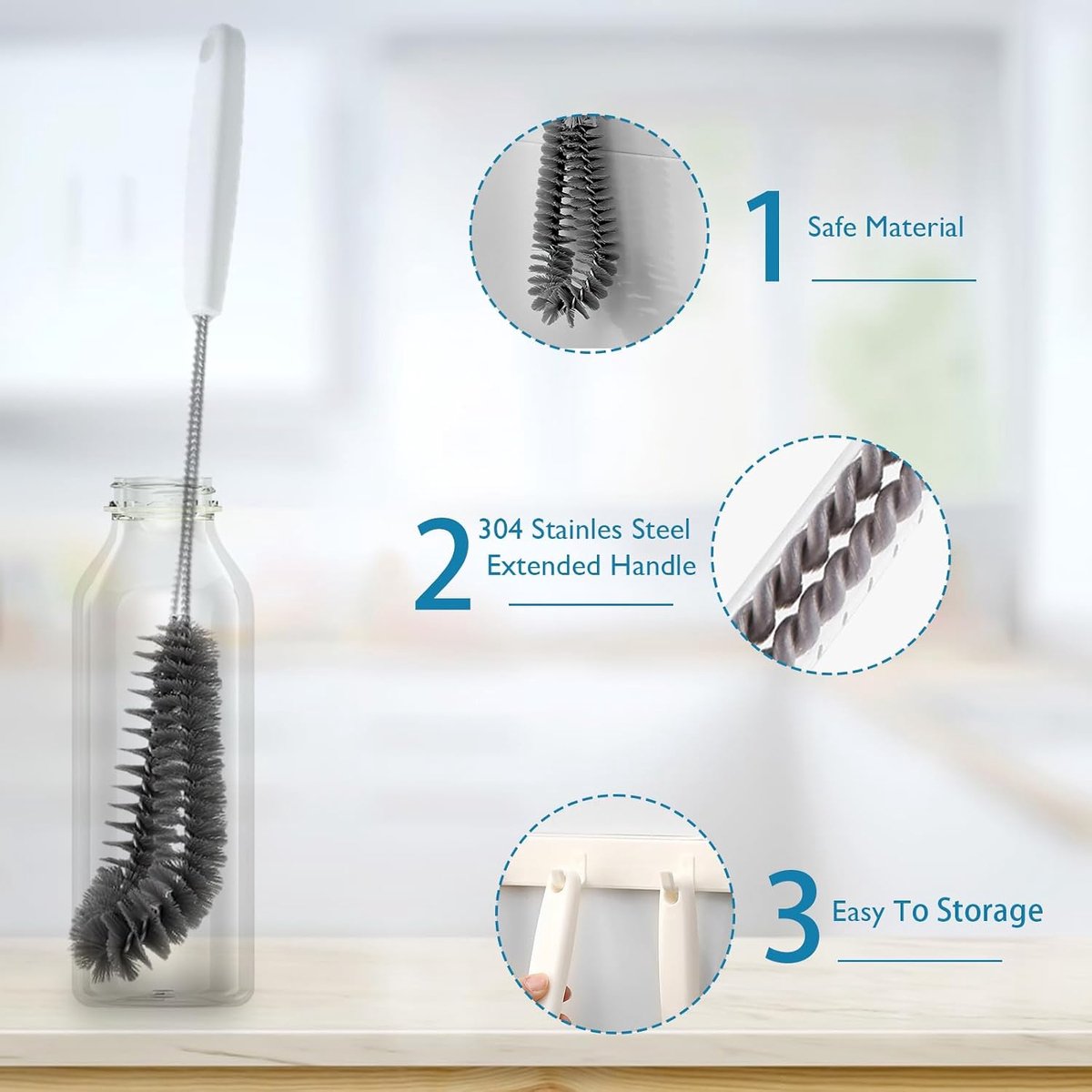 Flexibele reinigingsborstel van 40 cm voor keuken en eetkamer – Ideaal voor babyflesjes, sportflessen, glazen, bekers, potten en wijnglazen (1 stuk)
