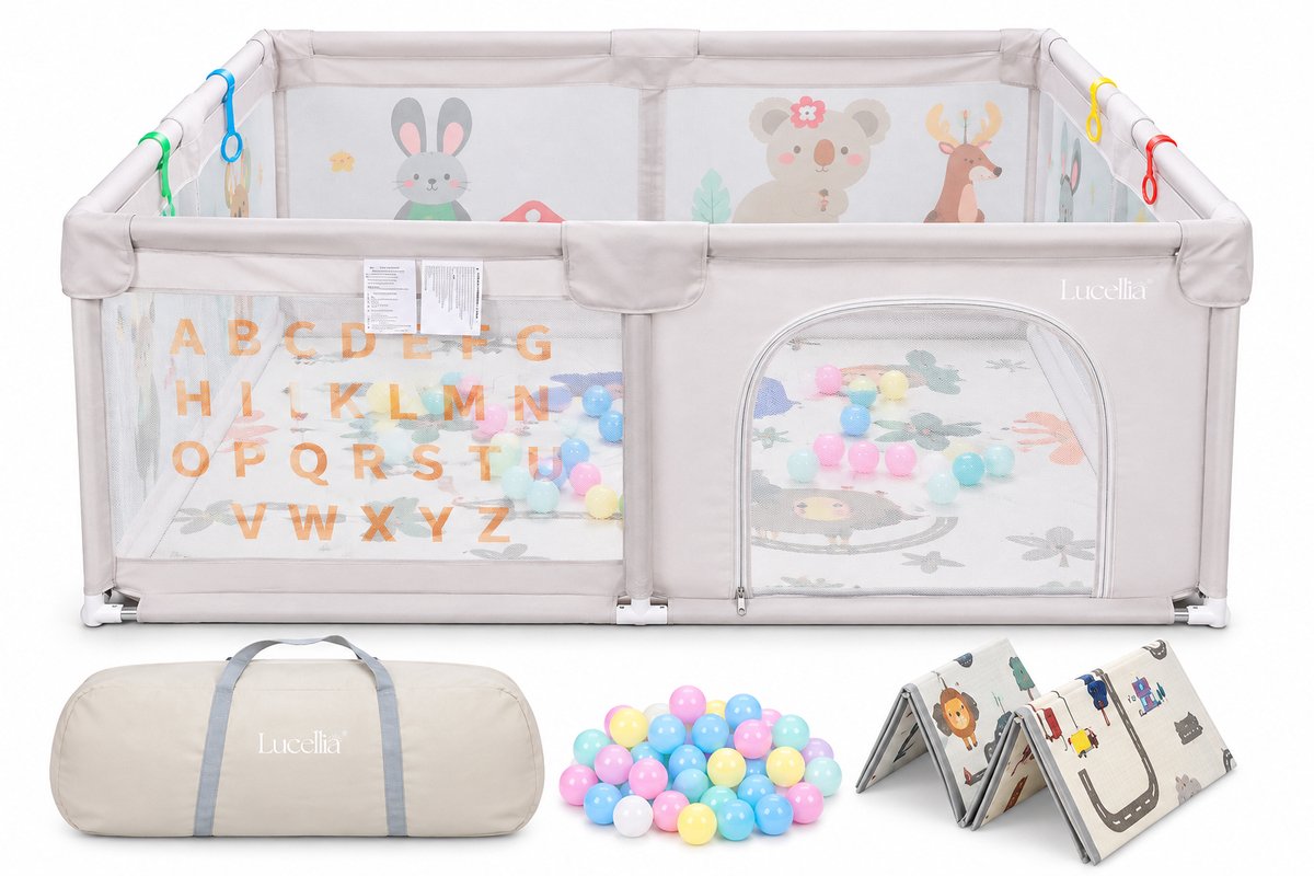 Lucellia® Grondbox Baby - Speelbox & Kruipbox met Dierenprint - Inclusief Speelmat & 30 Ballen - Draagtas - Beige - 120x160x66 cm