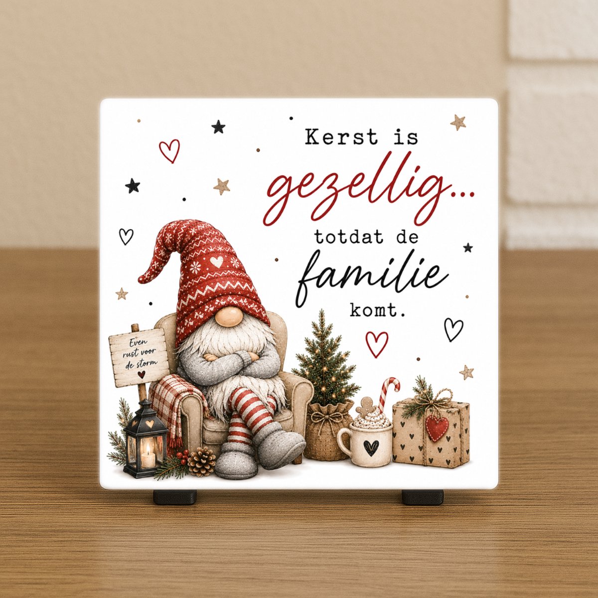 CreaCraft Wenstegeltje "Kerst is gezellig totdat de familie komt." - Tegeltjes met tekst - Cadeau voor familie, vriend, vriendin, collega, kerst, feestdagen of zomaar – Spreuktegeltje - Brievenbus cadeau - CreaCraft - Incl standaard