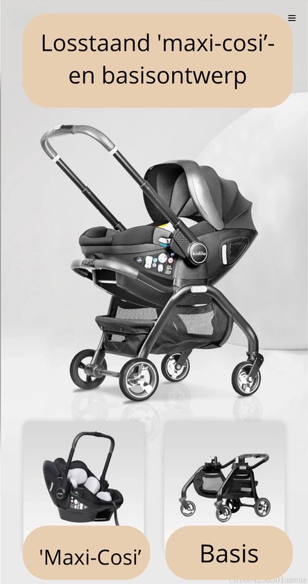 Zwarte 3-in-1 kinderwagen met afneembare 'Maxi-Cosi' autostoel en basis.