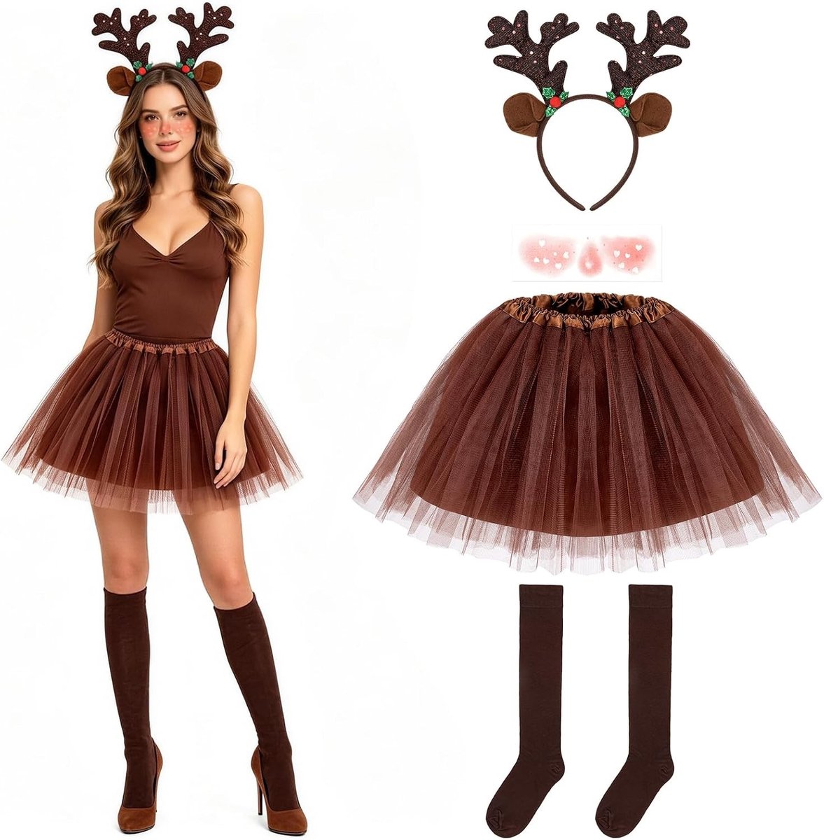 5-delige rendier kostuumset voor volwassenen met tutu rok, rendier hoofdband, tijdelijke tattoos en sokken voor Halloween en Kerstmis feestoutfits voor vrouwen en meisjes