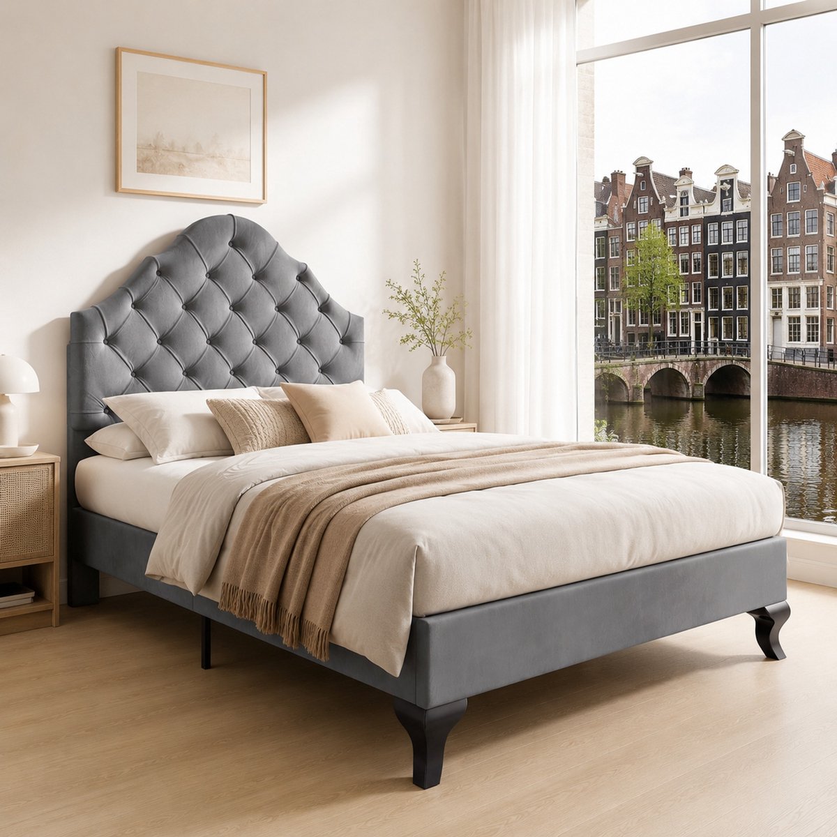 WUVRIE Polsterbett 90x200 cm met verstelbaar hoofdeind, grijs, lattenbodem, gestoffeerd bed