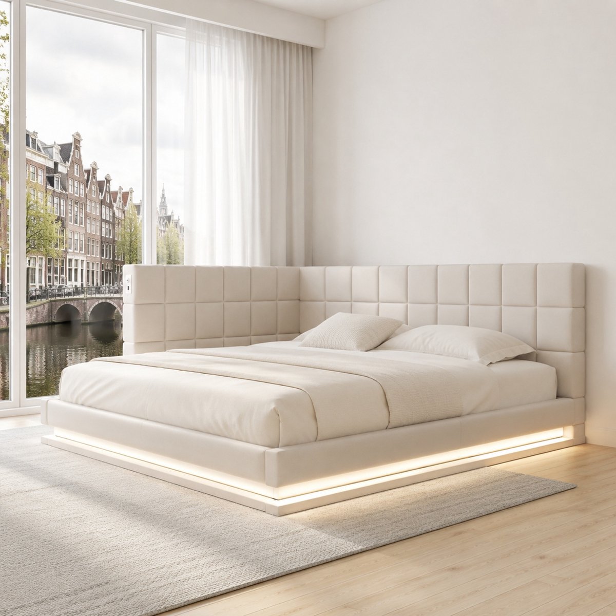 WUVRIE Opklapbed Slaapbank 90x200 met LED Verlichting, USB Poorten en Lattenrost - Beige Polsterbed