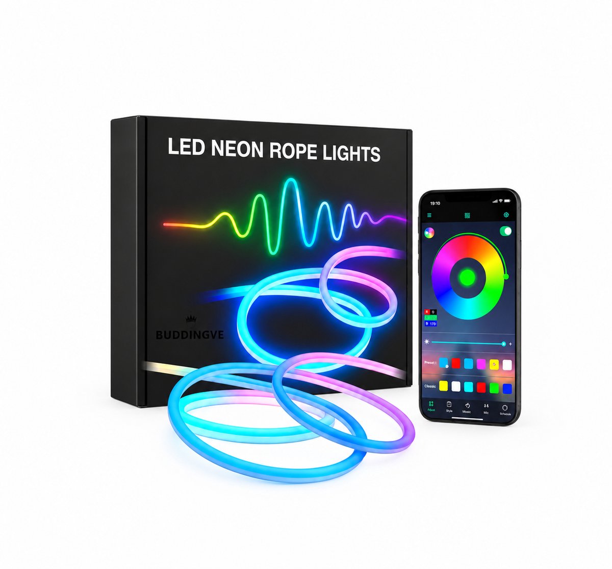 BUDDINGVE LED Strip 5m RGB - App-bediening, Muziekmodus, Dimbaar, Waterdicht IP67 - Neon Rope Light voor Binnen & Buiten, Woonkamer, Gaming, Tuin & Feestverlichting