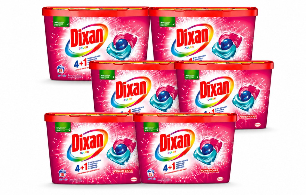 6 x Dixan - Wasmiddelcapsules - Voor gekleurde was - 15 wasbeurten - Voordeelverpakking - 6 stuks