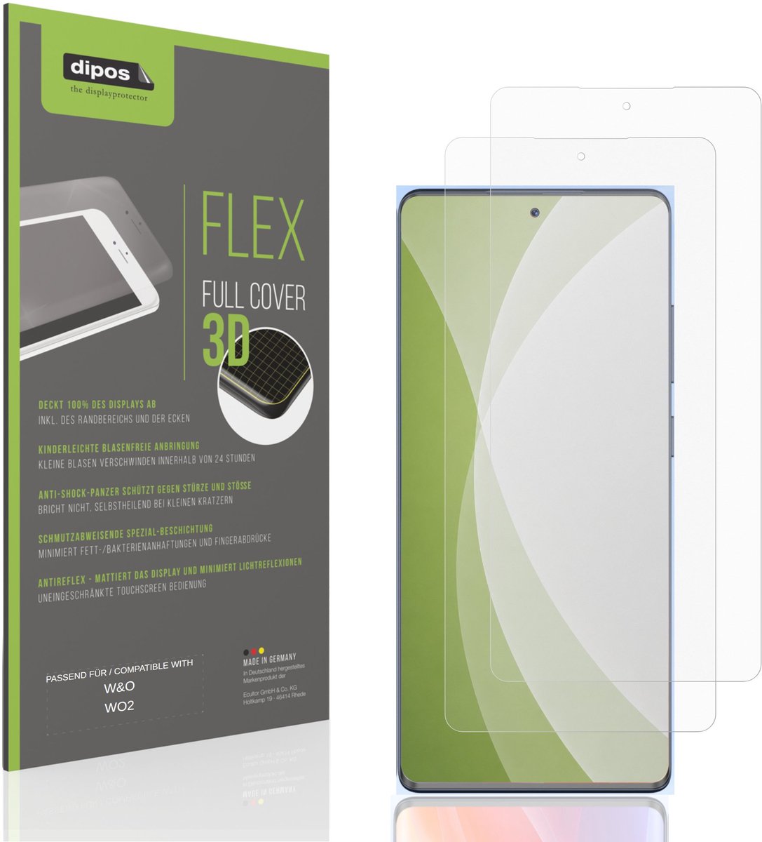 dipos FLEX – 2x Matte Screenprotector geschikt voor W&O WO2 | Volledige Schermbescherming | Case-Friendly