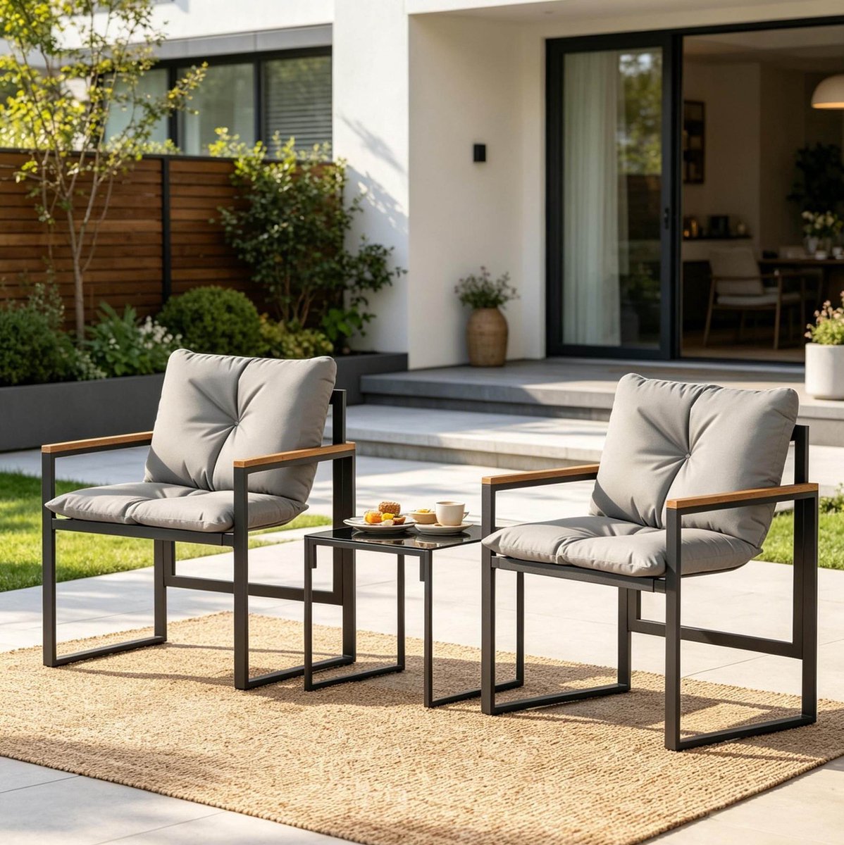 Stoel Loungeset – 2 Stoelen Met Tafel – Comfortabel Voor Balkon, Terras En Tuin – Metaal, Textiel En Glas – Zwart Grijs