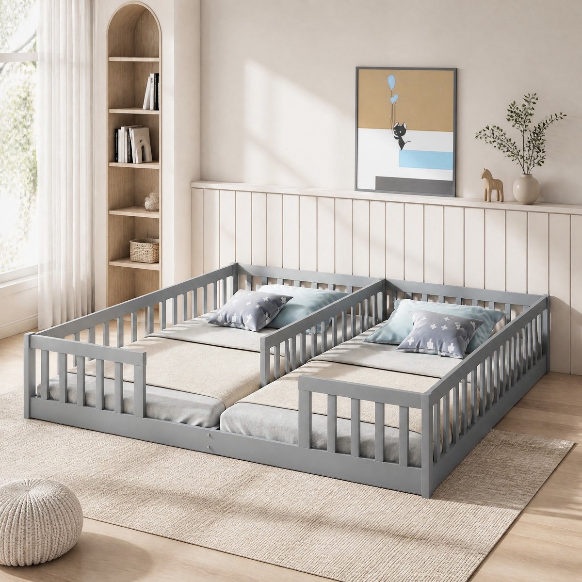 COVREO Paneelbett 90x200 cm Kinderbed met hek - Twee kinderbedden stapelbaar, grijze meegroeibed zonder lattenrost Grijs