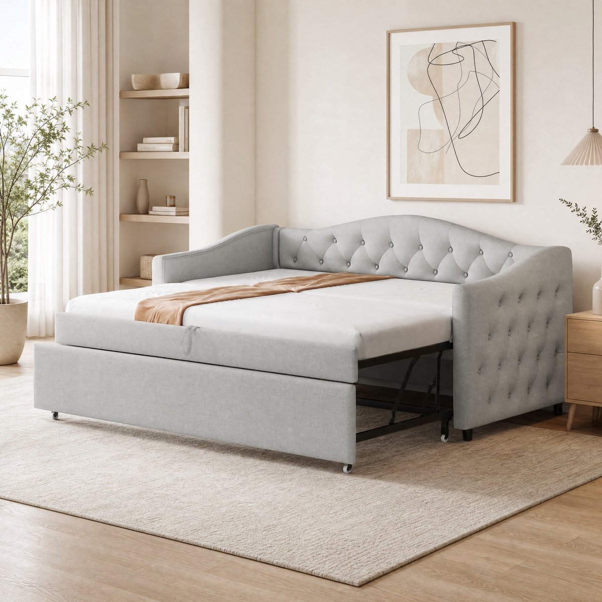 COVREO Slaapbank met USB en uitschuiffunctie – 90x200 cm – Bedbank met lattenbodem – voor logeerkamer – Grijs - zonder matras