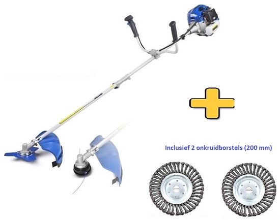 Benzine bosmaaier met blauw-witte motor, zilveren steel en blauwe beschermkap. Inclusief 2 metalen onkruidborstels.
