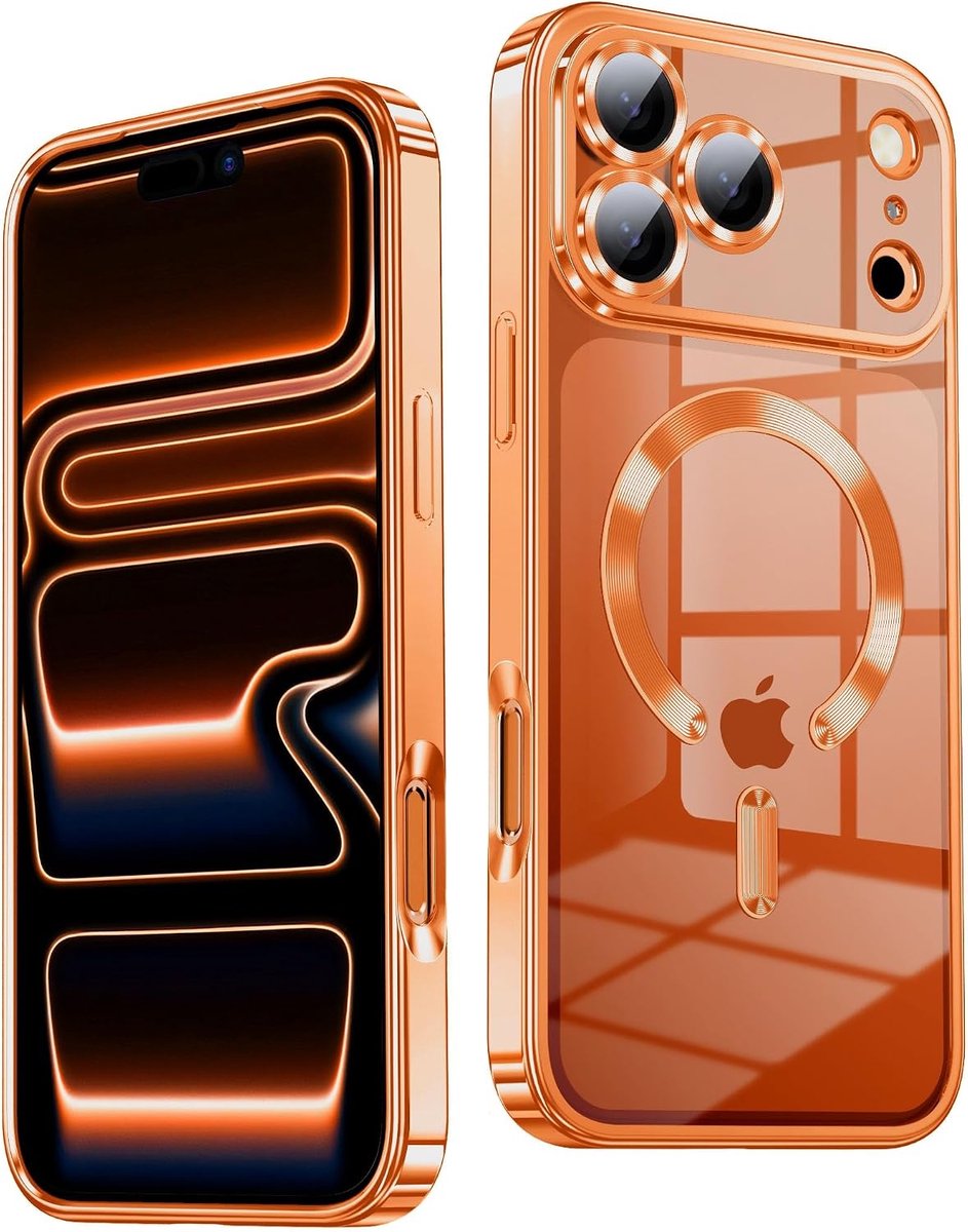 Hoesje Geschikt iPhone 18 Pro Max Hoesje – Transparant/Oranje Hybrid Backcover, MagSafe Compatibel & Verhoogde Camerabescherming – Slank en Stevig - Ntech