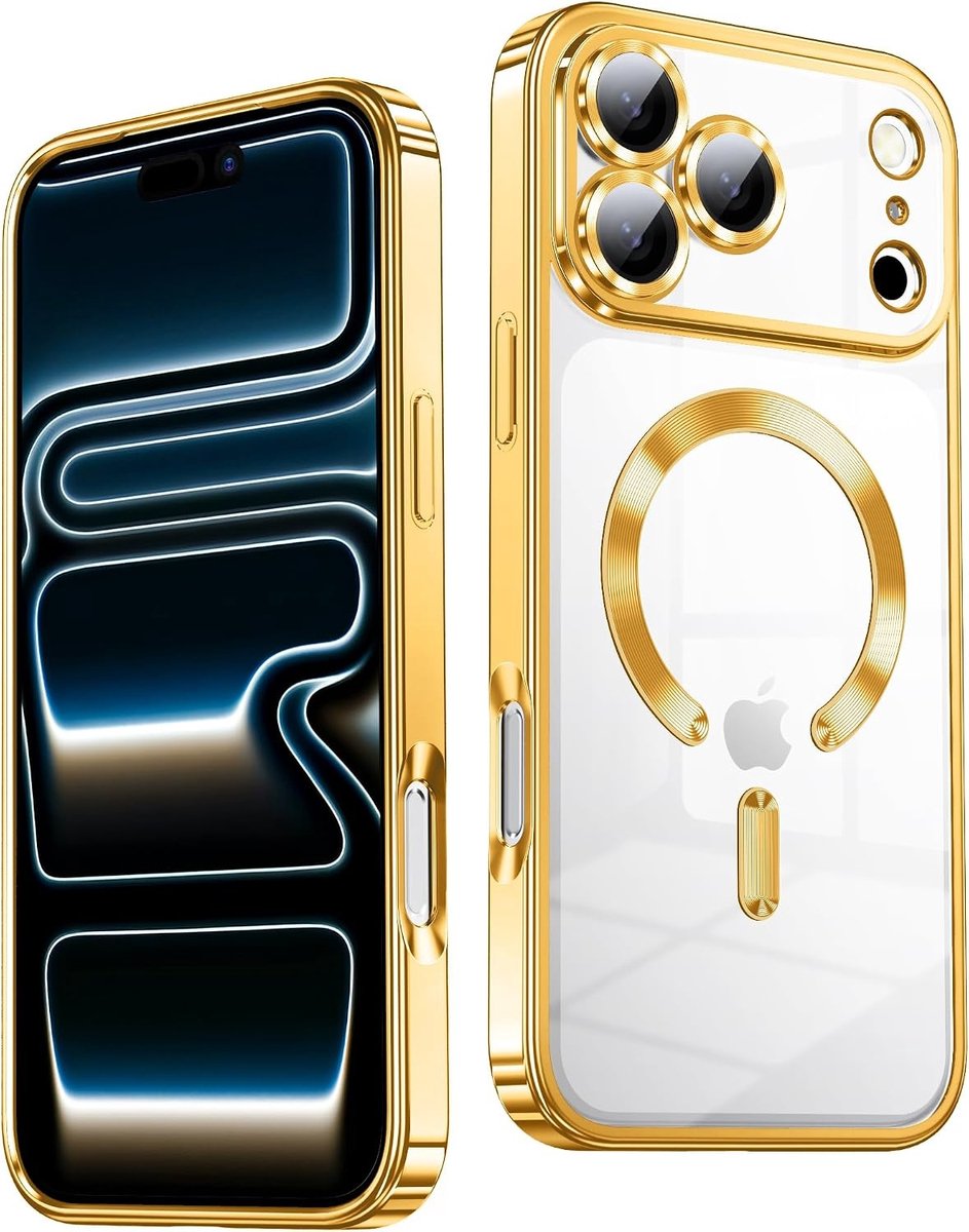 Hoesje Geschikt iPhone 18 Pro Hoesje – Transparant/Goud Hybrid Backcover, MagSafe Compatibel & Verhoogde Camerabescherming – Slank en Stevig - Ntech