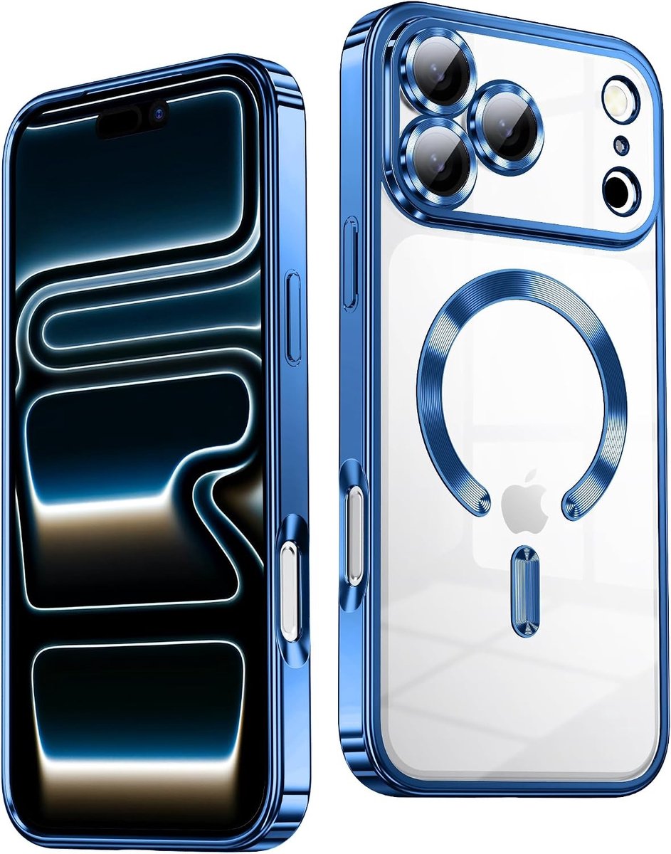 Hoesje Geschikt iPhone 18 Pro Hoesje – Transparant/Blauw Hybrid Backcover, MagSafe Compatibel & Verhoogde Camerabescherming – Slank en Stevig - Ntech