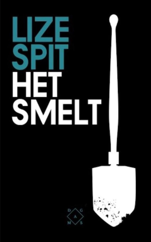 Zwarte achtergrond met witte tekst 'LIZE SPIT HET SMELT' en een witte schep.
