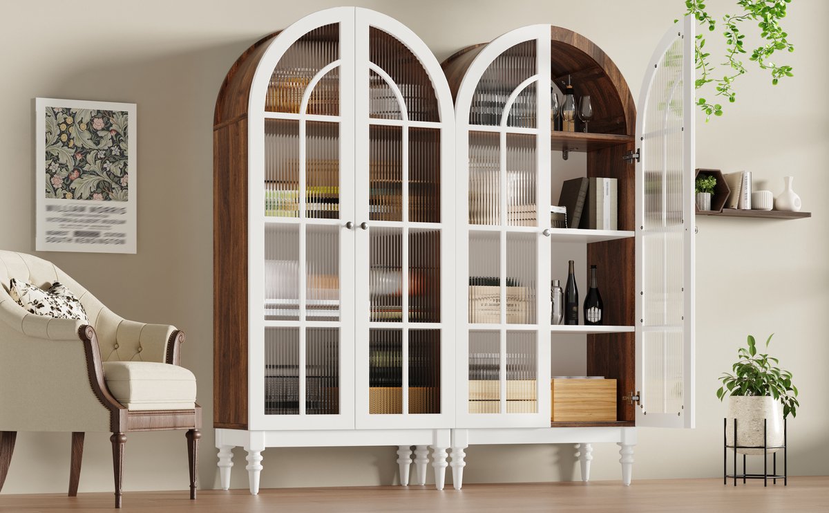 Vitrinekast Met Boogvorm En Geribbelde Glazen Deuren - 2-Delige Set Voor Woonkamer, Eetkamer En Hal - MDF En Metaal - Wit En Noten - 76 X 38,5 X 165 Cm