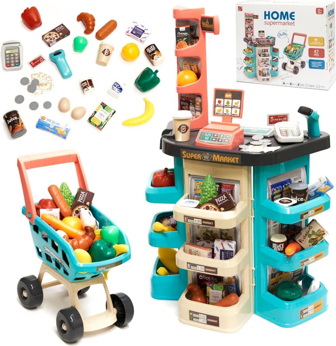 Kinder Supermarkt Speelset KX6395 – Winkel met Winkelwagen – 47-delig – Scanner en Betaalterminal – Mint