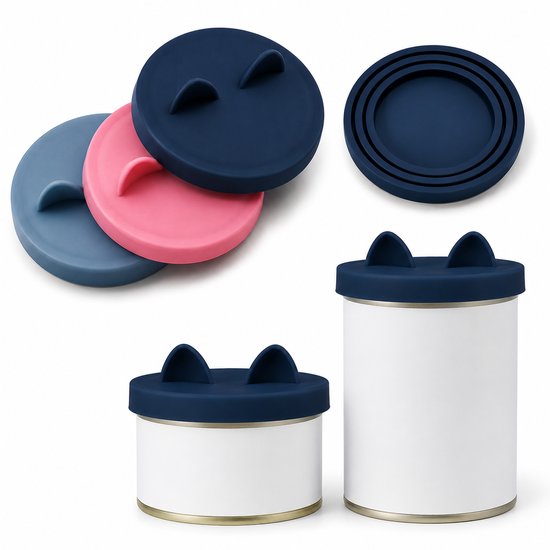 Set van drie blikdeksels in blauw, roze en donkerblauw, getoond op blikken en afzonderlijk.