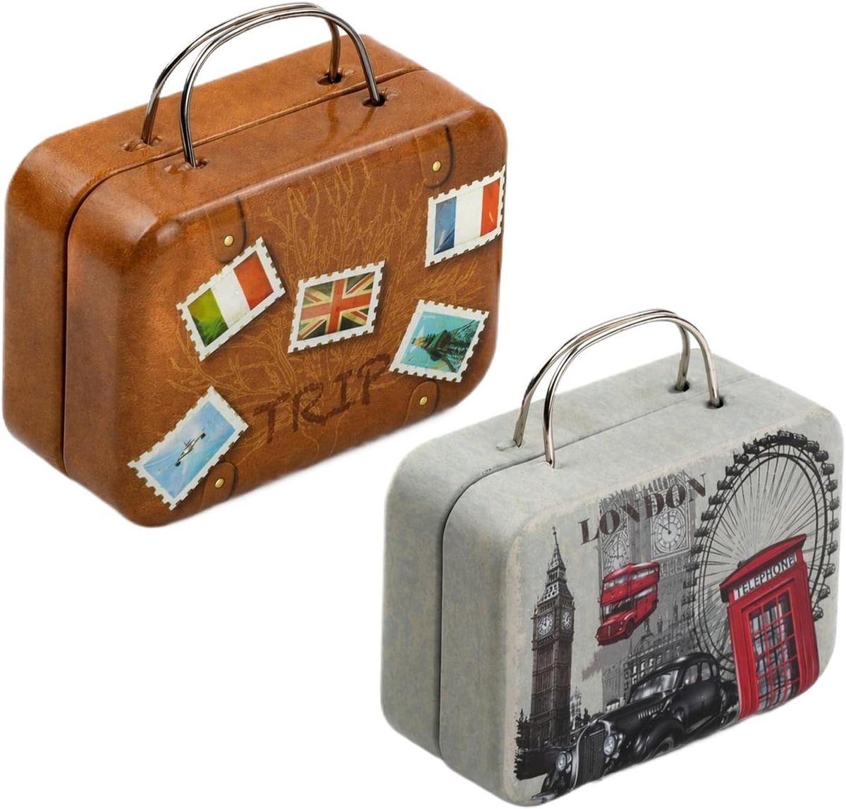 Set van 2 vintage mini koffers, retro decoratieve opbergkoffers voor reisvouchers, geldcadeaus en spaarpotten, 7,5 x 5,5 x 3,5 cm