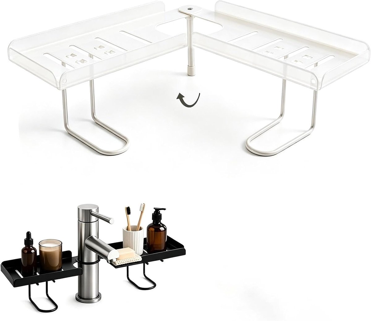 Gootsteen organizer - 180°Opvouwbare - Afwasborstel Houder - Aanrecht Organiser - Sponshouder - Vaatdoekhouder - Gootsteenrek - Gootsteenrekje - Zonder Boren - Afvoerrek - Ruimtebesparend - 50cm - Voor badkamer en keuken aanrecht - Wit