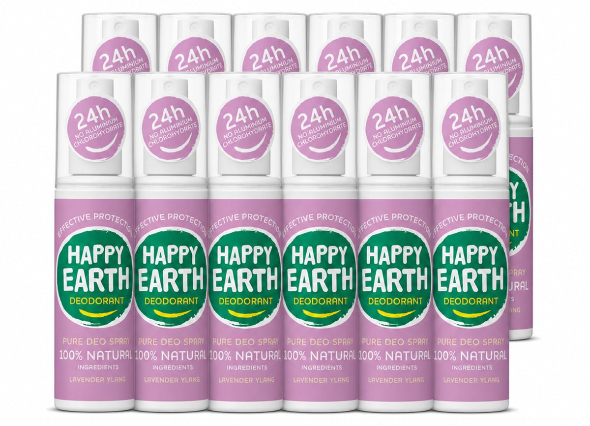 12 x Happy Earth – Deodorant Spray – 100% Natuurlijk Lavender Ylang – 100 ml - Voordeelverpakking - 12 stuks