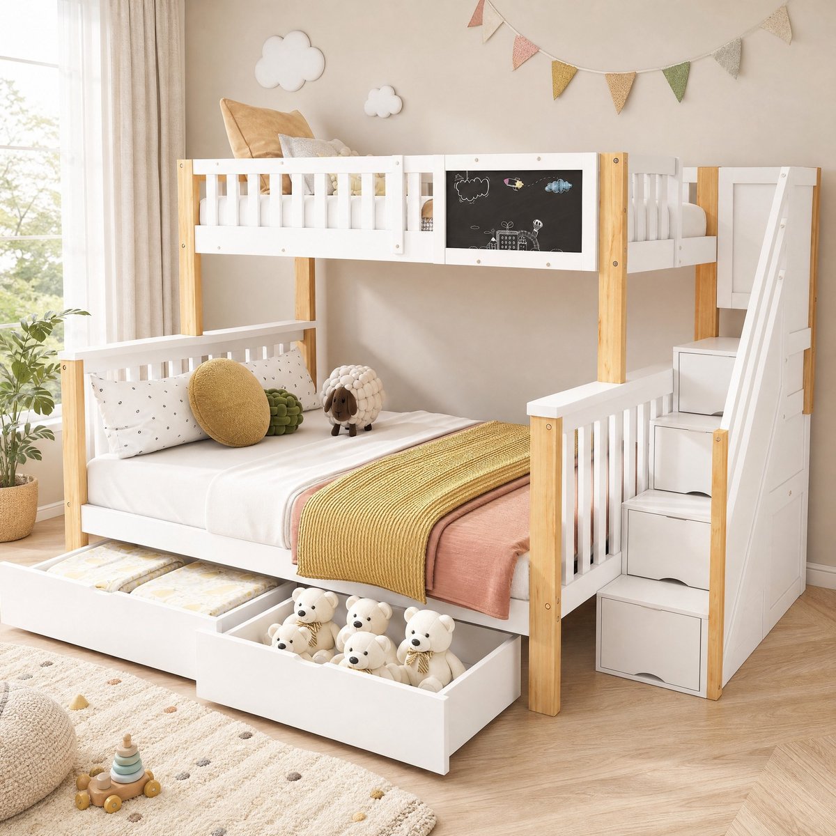 COVREO Stapelbed met krijtbord – 90x200/140x200 cm – Kinderbed met trap en lades – voor kinderen – Wit en licht eiken - zonder matras
