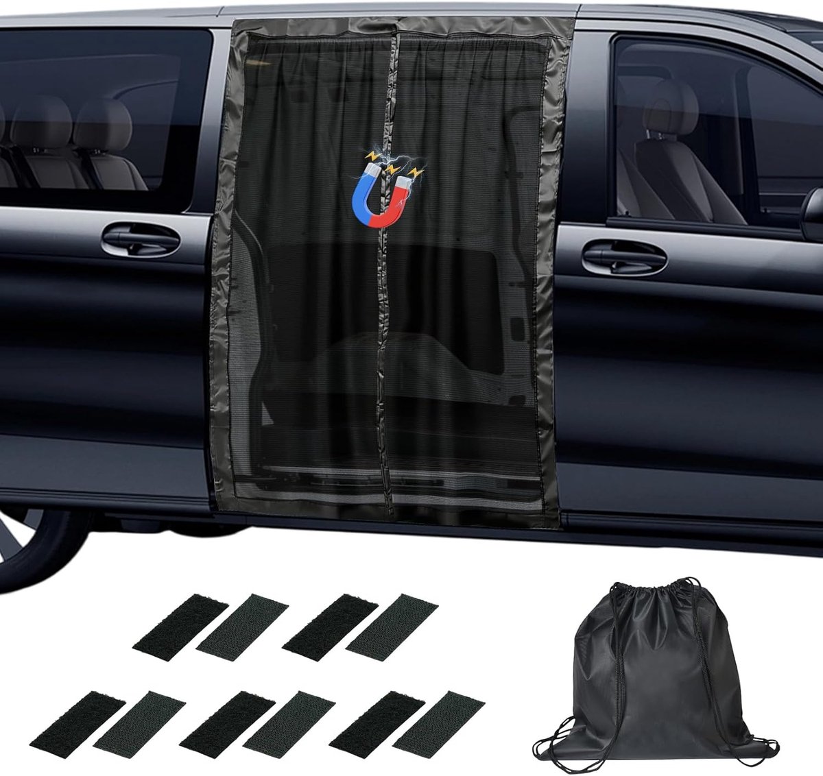 Bestelwagen, muggennet, voor Benz Vito, Ford Transit Custom, Opel/Vauxhall Vivaro Center magnetische sluiting, camping, vliegengaas, zonwering, auto, voor zijdeur (150 x 110 cm)