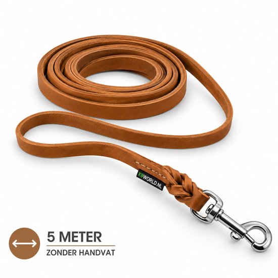 K9 World, honden riem, speur lijn, cognac bruin leder, zonder handvat, 12 mm breed, 5 meter lang, verchroomd musketon