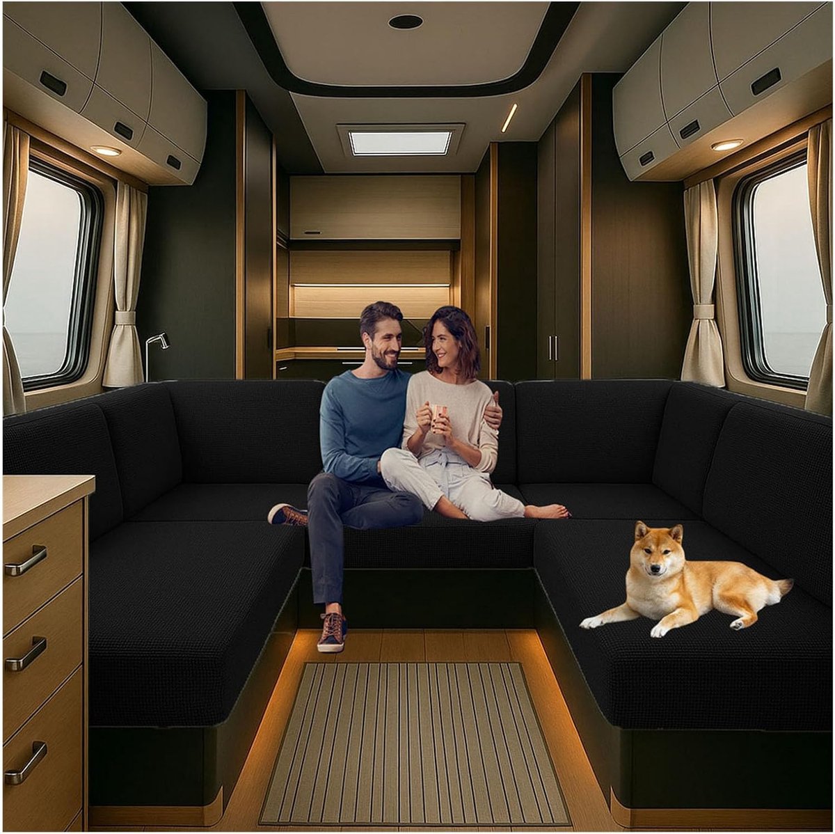 Stretch jacquard, huisdiervriendelijk, spatwaterdicht, voor dinette voor campers, bankkussens voor camper, bank (zwart, B 55-85 cm, D 25-45 cm)