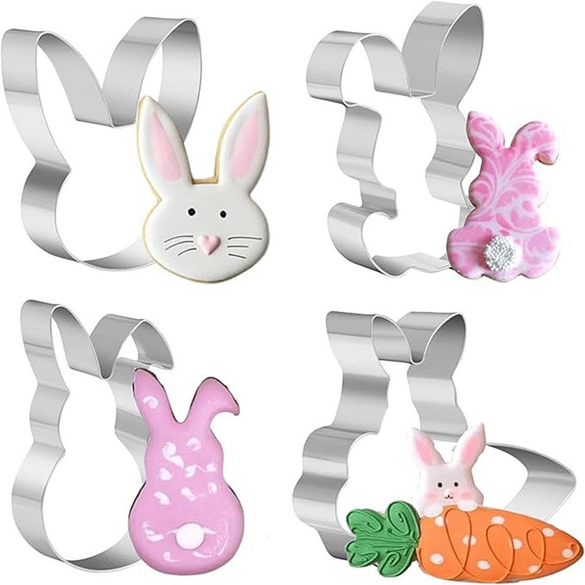 Dailygoods- Uitsteekvorm Konijnen - 4 Stuks - Roestvrij Staal - Duurzaam - Themakoekjes - Essentieel Bakaccessoire - Perfect voor Pasen - Koekjesvormp