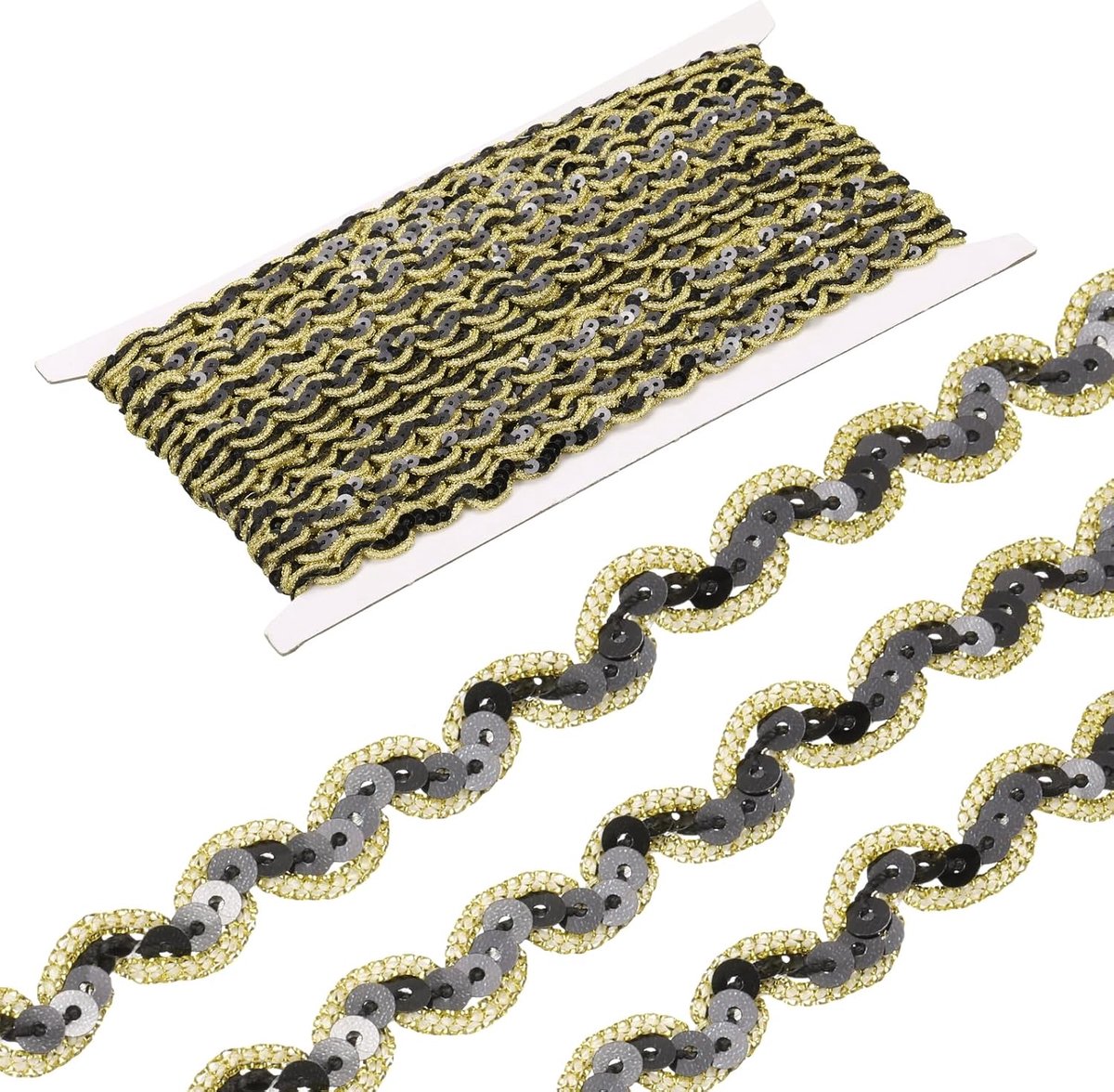 15 meter paillettenstrepen, 1 cm, gevlochten met pailletten, kanten lint met parels, lint, versieringen, naaien, doe-het-zelf, kostuum, zwart/goud