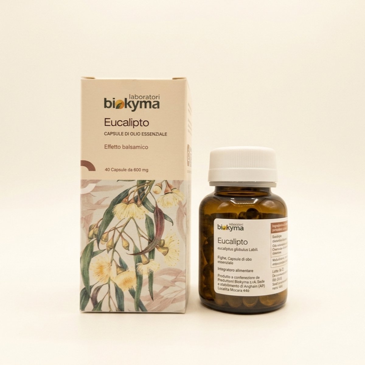Biokyma - Micro-gecapsuleerde eucalyptusolie - 40 capsules van 600 mg, tegen vastzittend slijm, verstopte neus, verkoudheid - Eucalyptus essentiële olie in capsules voor een betere opname - Capsules etherische olie eucalyptus globulus