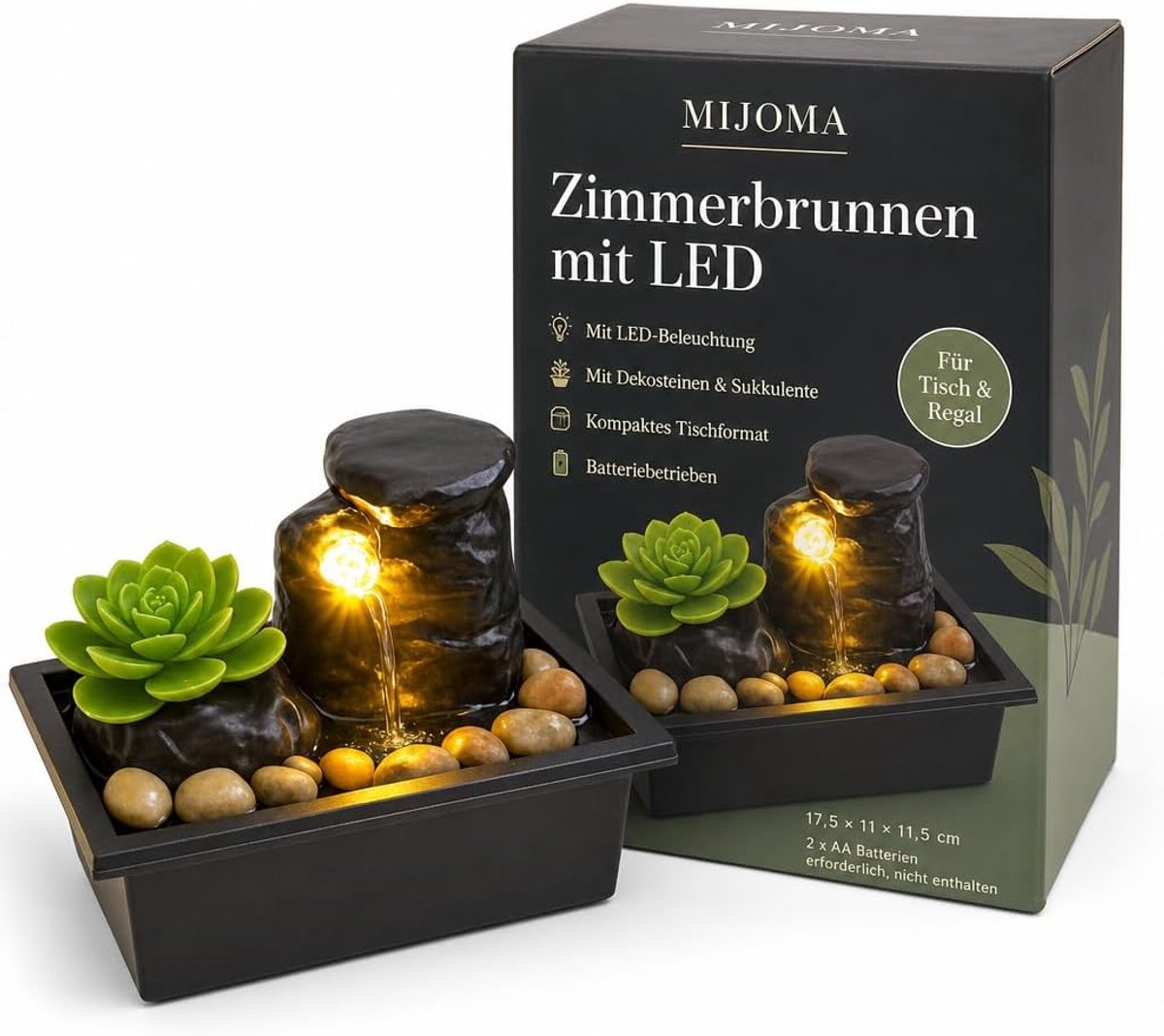 Dailygoods- Kamerfontein met ledverlichting - Tafelfontein - Kunstvetplanten - Decoratieve stenen - Batterijwerking - Compact 17,5 x 11 x 11,5 cm