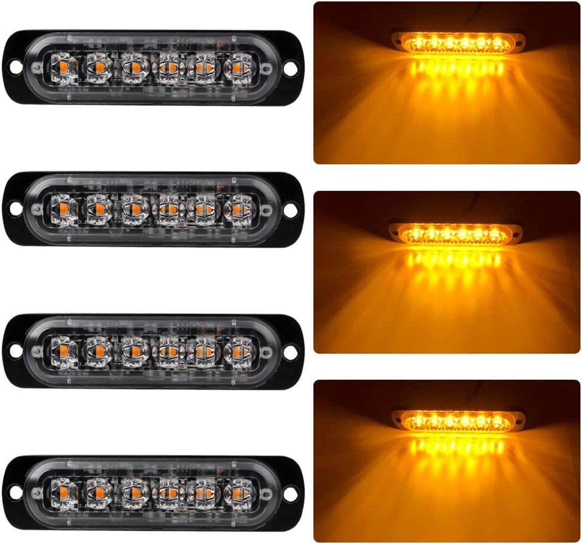 4x 6 LED-noodwaarschuwingslichten amber knipperend gevarenflitslicht, baken bij pech, universele lichtbalk voor 12-24V, auto, vrachtwagen, aanhangwagen, caravan
