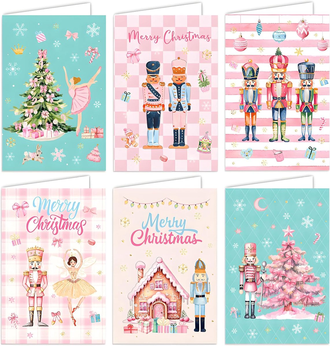 Dailygoods- Kerstkaarten Set - 18 Stuks Notenkraker Thema - Inclusief Witte Enveloppen - Met Afdichtingsstickers - Roze en Blauwe Kleuren - Premium Kw