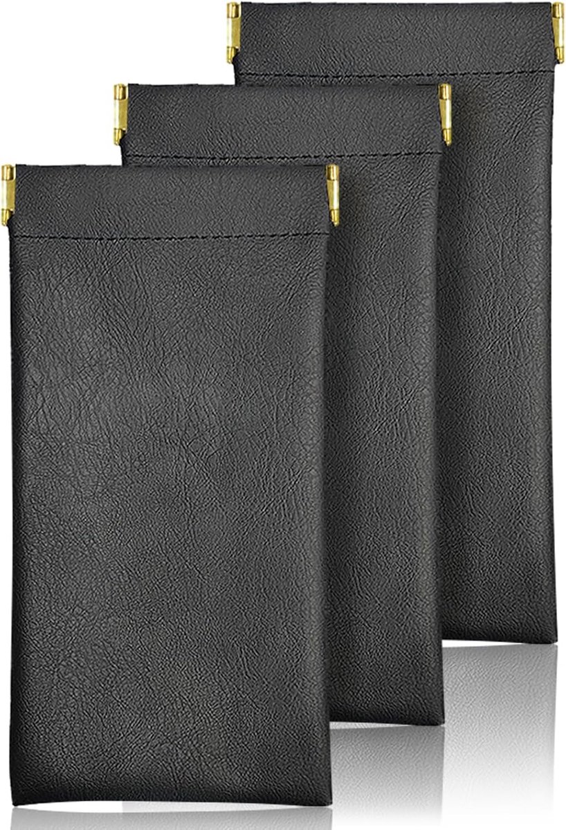3 Pack Zonnebril Case Draagbare Lederen Squeeze Top Zachte Brillen Gevallen Pouch Brillen Bewaardoos PU Leer voor Vrouwen en Mannen, Zwart, Eén Maat