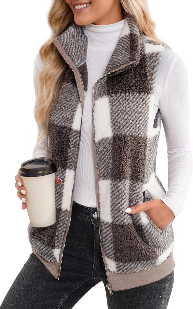 Wintervest voor dames, verdikt pluche vest, thermo-knuffelvest, mouwloos teddy-jack, gewatteerd geruit, gebreid vest met ritssluiting, fleecevest, teddyjas, S-3XL