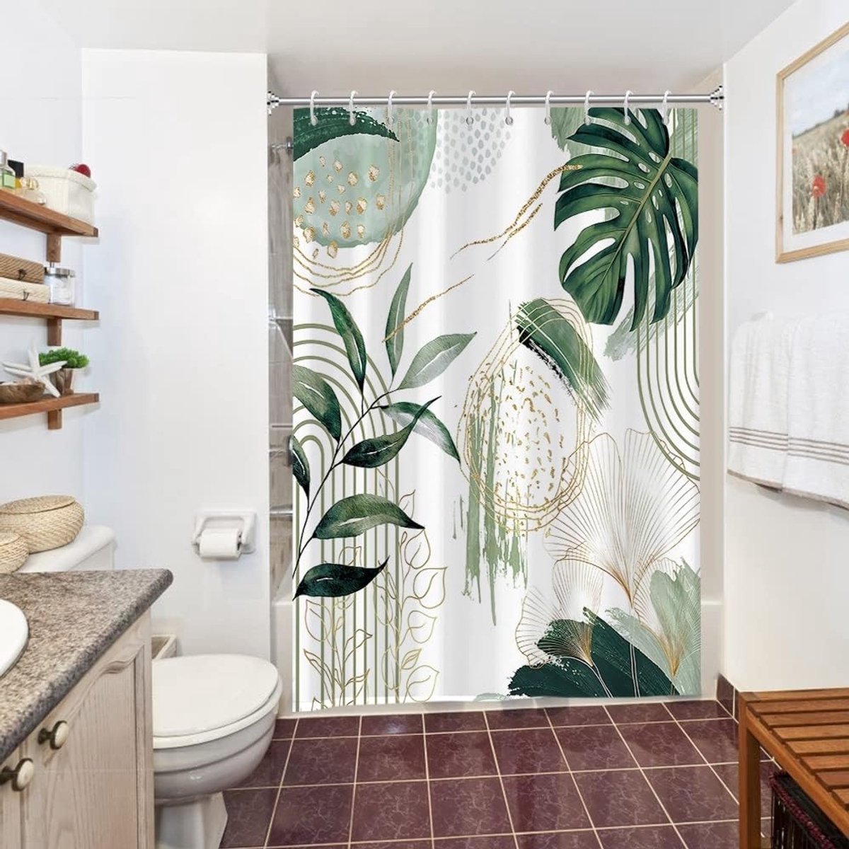 Douchegordijn, abstract, boho, jungle, groene palmbladeren, ginkgo, douchegordijn, anti-schimmel, waterdicht, polyesterstof, wasbaar, badgordijn met 10 haken, voor badkamer, 150 x 180 cm