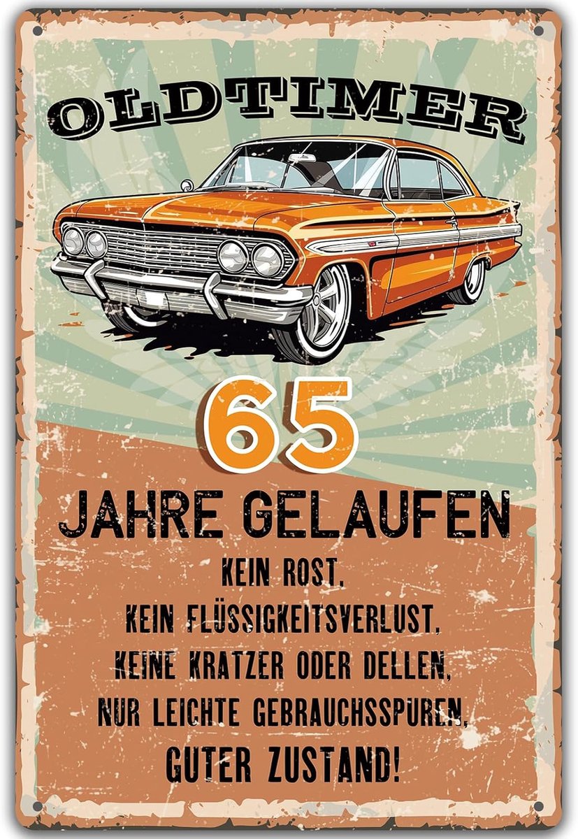 bord 65 verjaardag, oldtimer 65 jaar gelopen, cadeaus voor de 65e verjaardag man, grappig bord 65e verjaardagsdecoratie als grappige verjaardagskaart, vintage metalen bord 20 x 30 cm