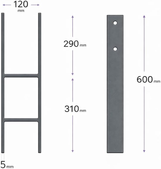 Paaldrager, 80 x 600 mm, om in beton te noemen, paalanker antraciet RAL 7016 gepoedercoat en verzinkt, stalen paalschoen voor houten palen, carport, hek, pergola (120 x 600 mm) — afbeelding 4