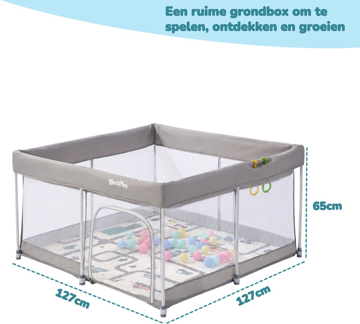 BlockPlay® Grondbox inklapbaar Baby 127x127 cm - Speelbox - Playpen - Kinderbox – Kruipbox – Ballenbak - Inclusief speelmat 50 speelballen draagtas en 2 optrek hendels – Grijs – foto 3