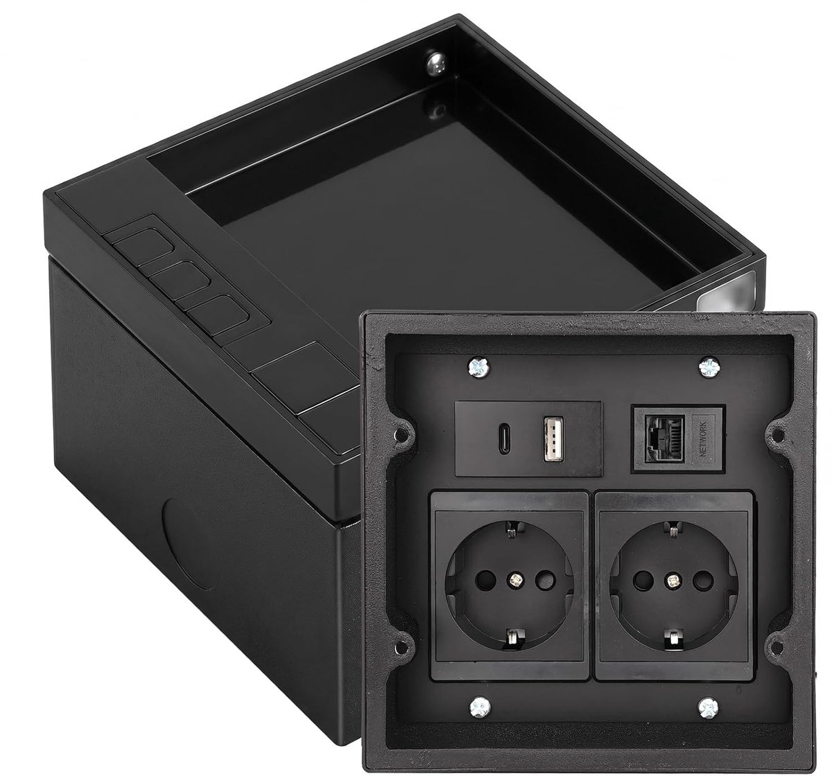 Vloerstopcontact - roestvrij staal inbouwstopcontact met 2AC + 1USB A+C + 1RJ45 - waterdicht verzonken stopcontact voor thuis, kantoor/marmeren vloerstekker, zwart