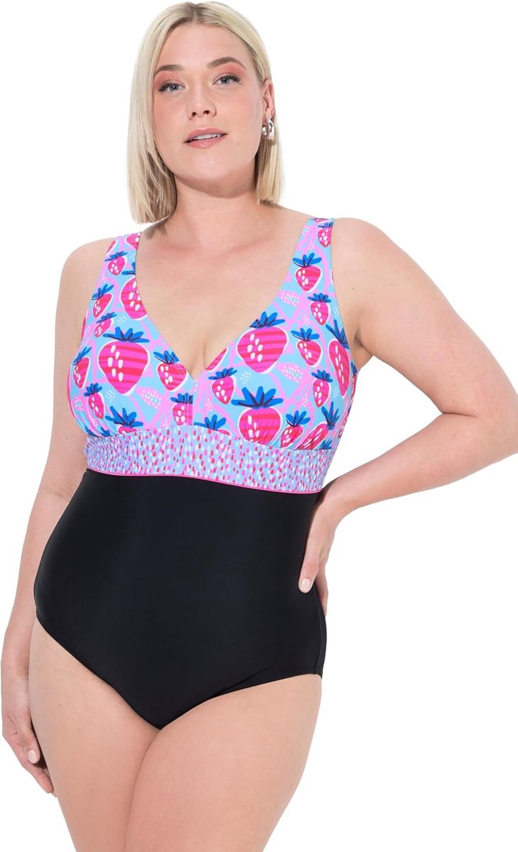 Popken Dames Laura, aardbeienbadpak, zwart, 54