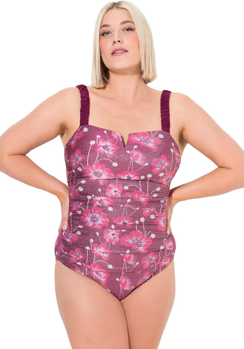 Popken Dames grote maten grote maten plus size badpak scrunch bandjes buikversteviging, purper, 42