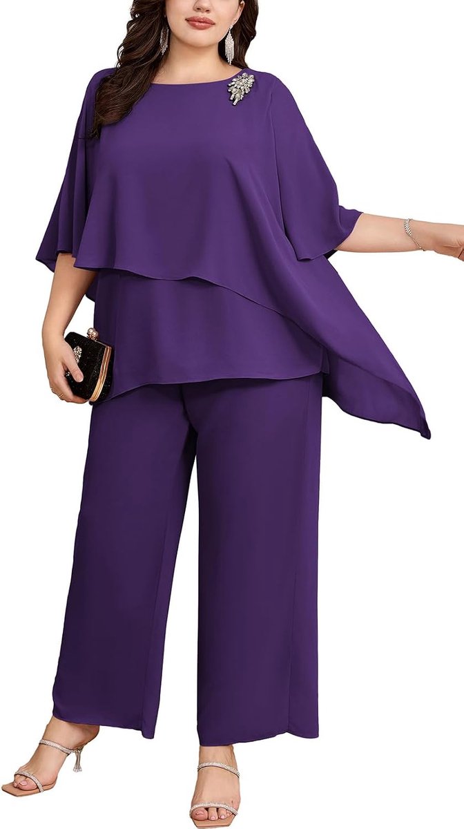 Nikole Elegante avondpakset voor dames, grote maat, 2-delige set, cocktailparty, feestelijk broekpak, tweedelig, chiffon shirt en broek met hoge taille