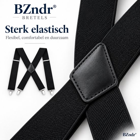 Zwarte bretels met clips en een leren kruispunt. Tekst: Sterk elastisch.